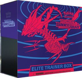 Pokémon Darkness Ablaze Elite Trainer Box from the Pokémon TCG set, featuring card storage and booster packs.