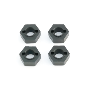 Tekno 12mm Hex Adapters for M6 RC car driveshafts, shown in black with metal construction for durable wheel attachment.