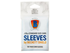 Beckett Shield thick standard size card sleeves, 130pt, shown in a pack of 100, designed for protecting trading cards.