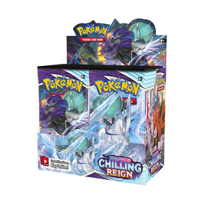 Pokémon TCG Chilling Reign Booster Box featuring colorful packaging with Pokémon characters and ice-themed design elements.