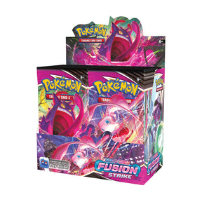 Pokemon Fusion Strike Booster Box featuring colorful packaging with artwork of various Pokémon characters for trading card collection.