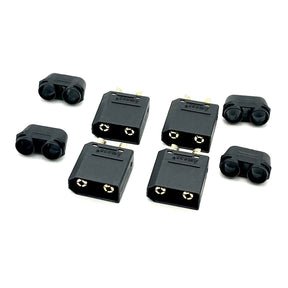 Black Maclan Racing XT90 male connectors for RC cars, set of four, shown in close-up image.