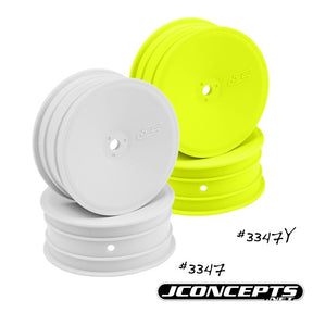 Set of four JConcepts Mono 2.2-inch white RC car buggy front wheels, 1/10 scale, for remote control vehicle racing.