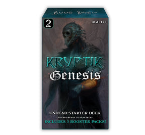 Kryptic TCG Genesis Starter Deck Display Wave 2 with undead-themed cards and artwork featuring dark fantasy characters.