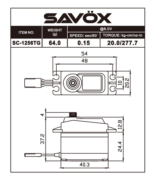 Savox - SC-1256TG-BE - Black Edition Standard Size Coreless Digital Servo 0.15sec / 277oz @ 6V