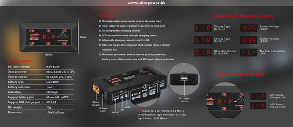 Ultra Power - UPTUPS6  - 25W 1S x 6 Compact DC Charger - Hobby Addicts